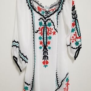 Poupette St Barth White Embroidered Mini Cover Up Dress Pom Pom Tassel Small